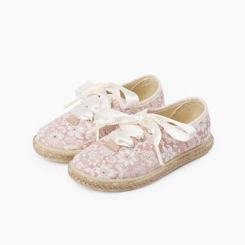 Derbies à Fleurs et Jute Lacets en Satin Rose Pâle