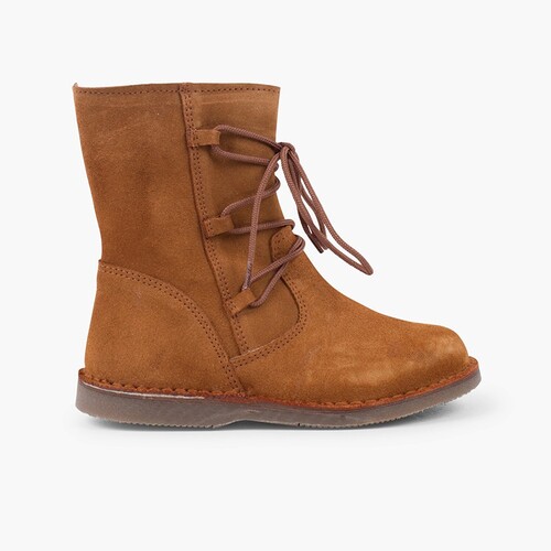 Bottes fille façon peau de mouton avec lacets croisés et fermeture éclair Chameau