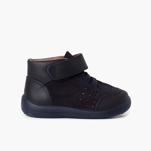 Bottes en cuir embout et talon renforcés et scratch Bleu Marine