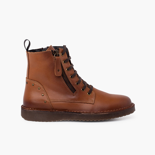 Bottines en cuir et cloutées avec double zip Chameau