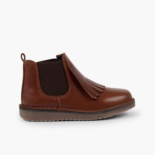 Bottines en cuir avec languette à franges    Marron
