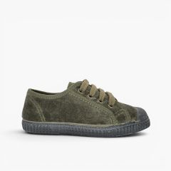 Baskets Enfants en velours avec lacets Kaki