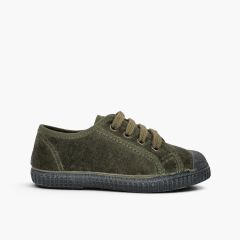 Baskets Enfants en velours avec lacets Kaki