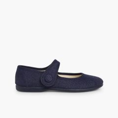 Chaussures babies fille lin à scratch bouton Bleu Marine