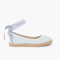 Ballerines fille en lin avec ruban et jute  Bleu ciel