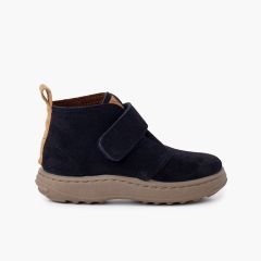 Bottes en Suède garçon semelle sport avec sangle adhérente Bleu Marine
