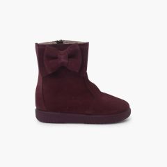 Bottes en suède fille avec grand nœud latéral Bordeaux