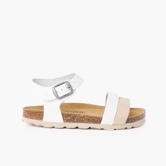 Sandale à lanières bicolore avec semelle bio ergonomique Blanc et Beige
