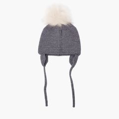 Bonnet laine avec cache-oreilles et pompon fourrure Gris moyen