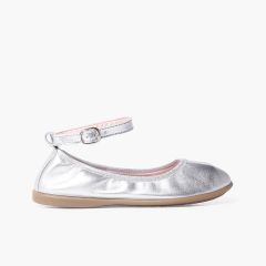 Ballerines en cuir élastiqué avec fermeture bracelet Argent