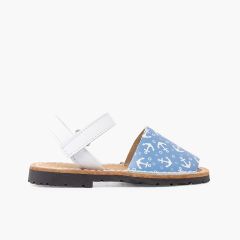 Sandales avarcas bicolores ancres enfants à scratch Jean Blanc et Bleu