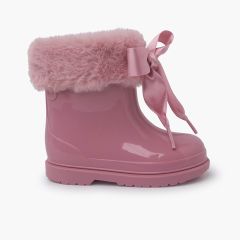 Bottes de pluie style verni et nœud en satin Rose