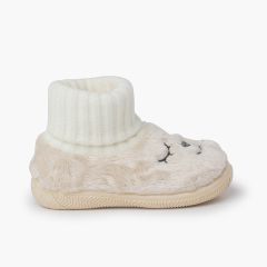 Chaussons Ours en fourrure douce chaussettes Écru