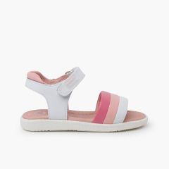 Sandales en cuir pour filles bandes tricolores Rose