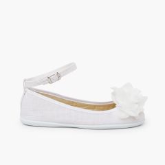 Ballerines lin bride cheville décoration fleur gaze Blanc