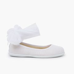 Ballerines lin bracelet nœud tulle Blanc