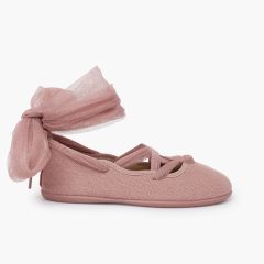 Ballerines en lin rubans croisés tulle Vieux Rose