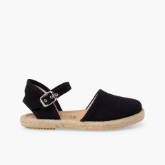 Espadrilles lin semelle plate boucle Noir
