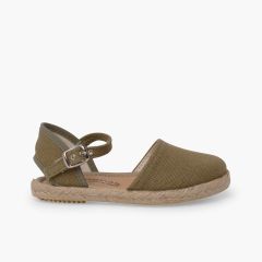 Espadrilles lin semelle plate boucle Olive Vert