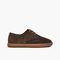 Derbies enfant suède col rembourré lacets Marron