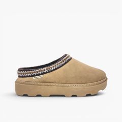 Sabots ruban ethnique plateforme fourrure douce Taupe