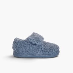 Chaussons enfants large bride à scratch effet moutonné Bleu