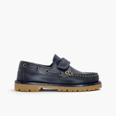 Chaussures bateau garçon cuir semelle track Bleu Marine