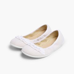 Ballerines pour fille en Lin avec Dentelle Blanc