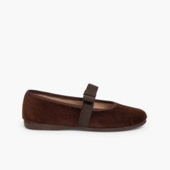 Ballerine pour fille en Velours avec ruban sur l'élastique Marron