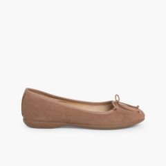 Ballerines fille et femme en suède avec Ruban  Taupe
