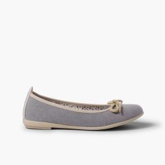 Ballerine fille et femme avec noeud en dentelle Gris