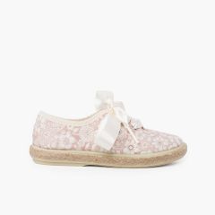 Derbies à Fleurs et Jute Lacets en Satin Rose Pâle