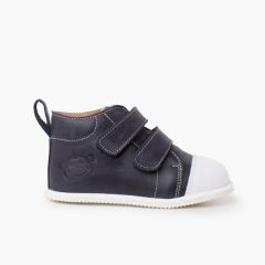 Bottine sport en cuir à bout blanc Bleu Marine