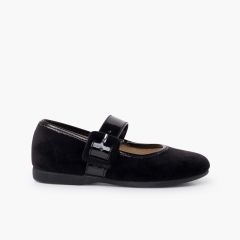 Babies en velours avec large bride type cuir verni Noir