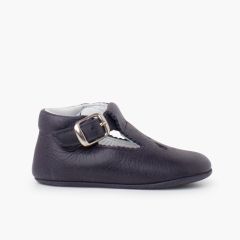 Chaussures salomé bébé en cuir avec détail perforé Bleu Marine