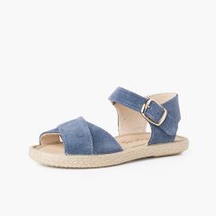 Sandale en Suède Brides Croisées et Semelle en Jute Bleu
