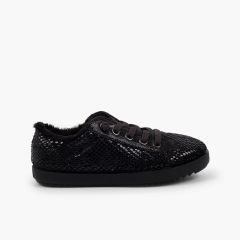 Baskets animal print serpent et doublure fourrure  Noir