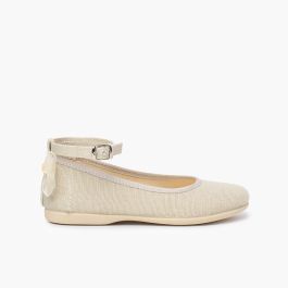 Ballerines pour Fille et Femme à fermeture bracelet en lin avec nœud arrière en organza Beige