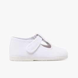 Salomés en toile semelle fine et fermeture scratch Blanc