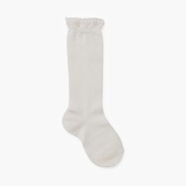 Chaussettes hautes revers ajouré Crème