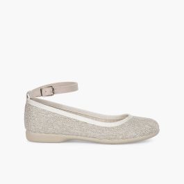 Ballerines pour Fille et Femme fermeture par bride à boucle tissu brillant Beige