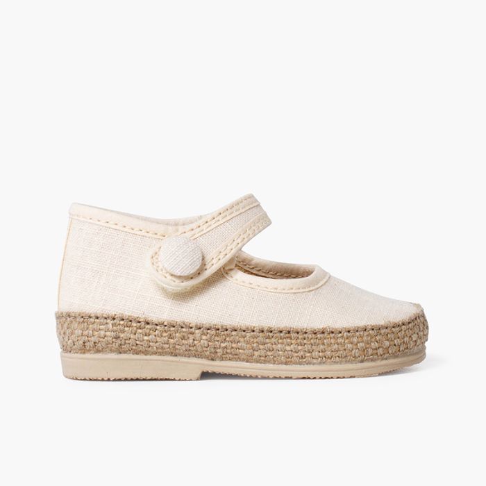 Chaussures babies en lin et jute pour bébé détail bouton