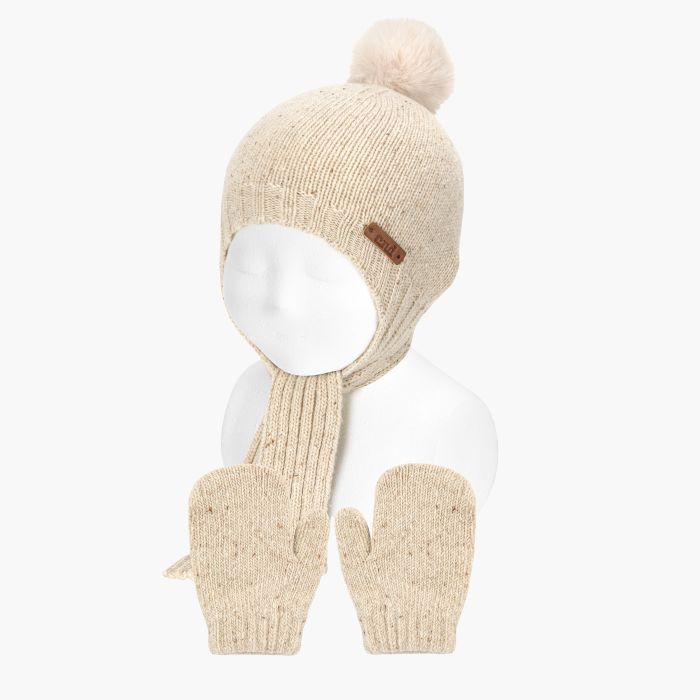 Ensemble bonnet et moufles tweed bébé