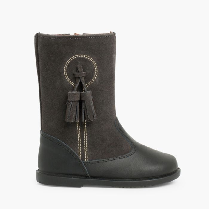 Bottes Fille en Cuir et Suède avec Pompons 