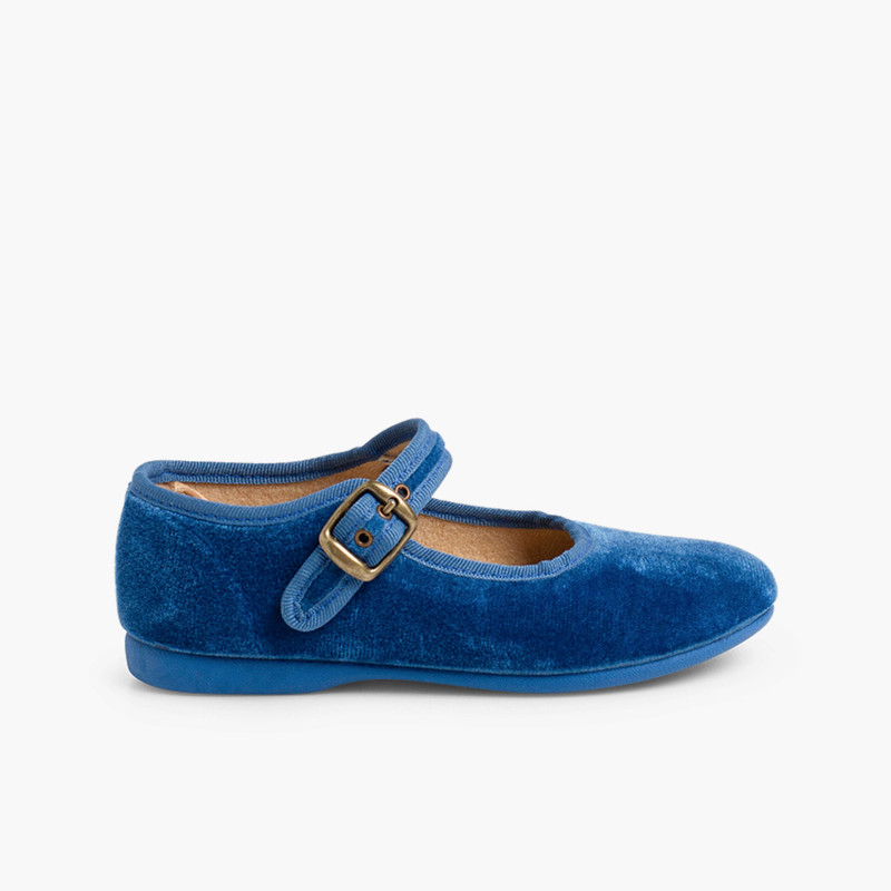 Chaussures Babies Fille en Velours Fermeture à Boucle Bleu azur