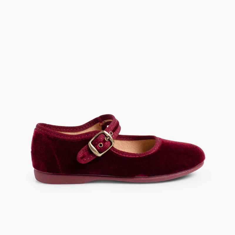 Chaussures Babies Fille en Velours Fermeture à Boucle Bordeaux