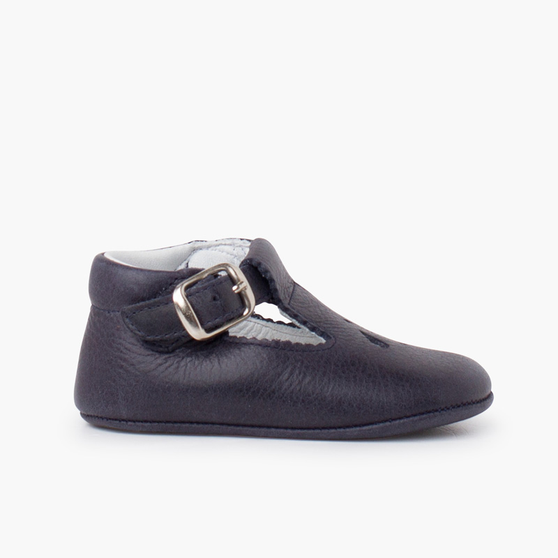 Chaussures salomé bébé en cuir avec détail perforé Bleu Marine