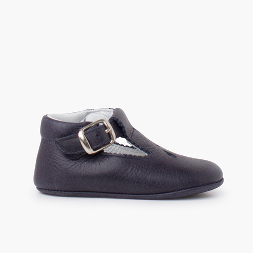 Chaussures salomé bébé en cuir avec détail perforé Bleu Marine