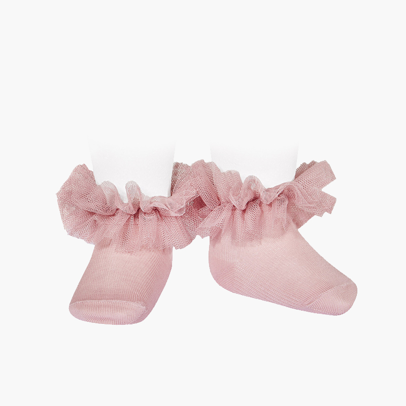 Chaussettes à la cheville avec une bande de tulle froncée Rose Claire