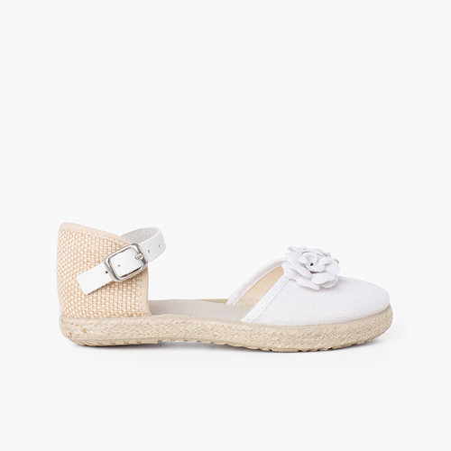 Sandale espadrille à fleurs avec bride en cuir Blanc